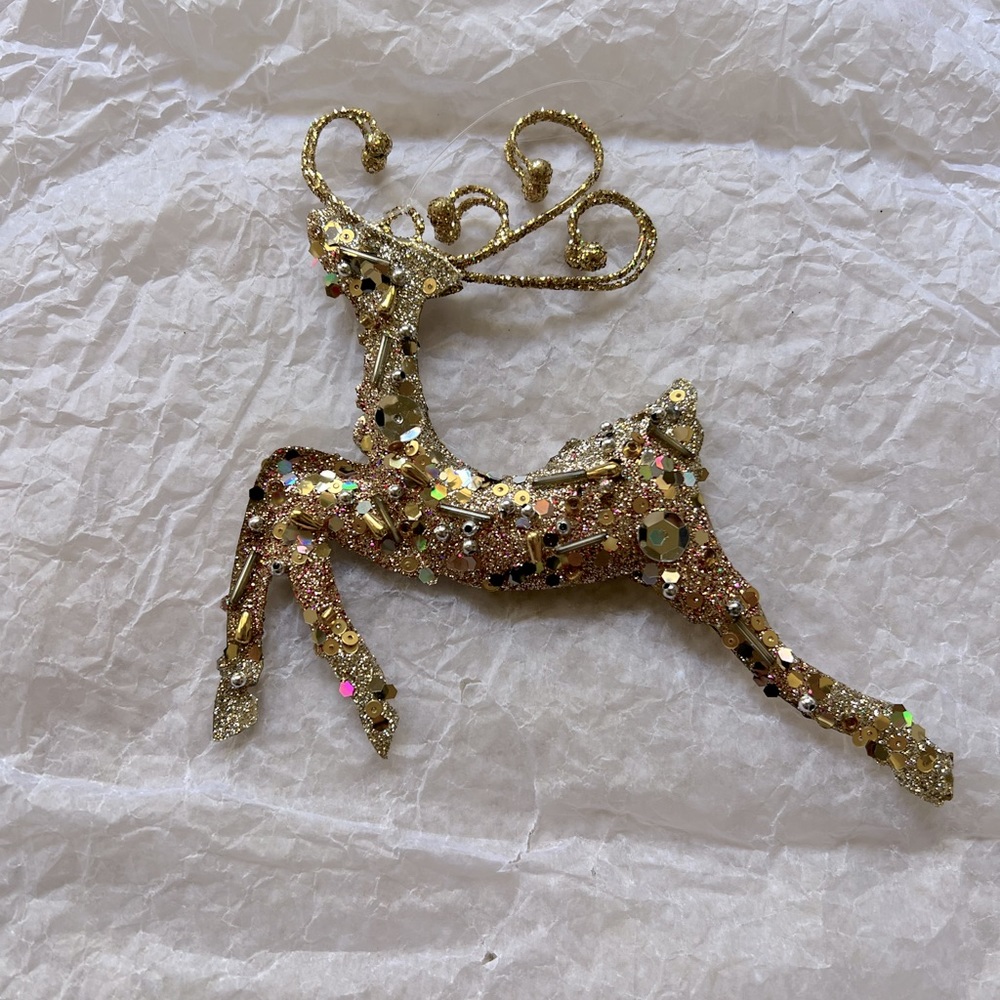 Gold bead and sequence glitter metal reindeer ornament